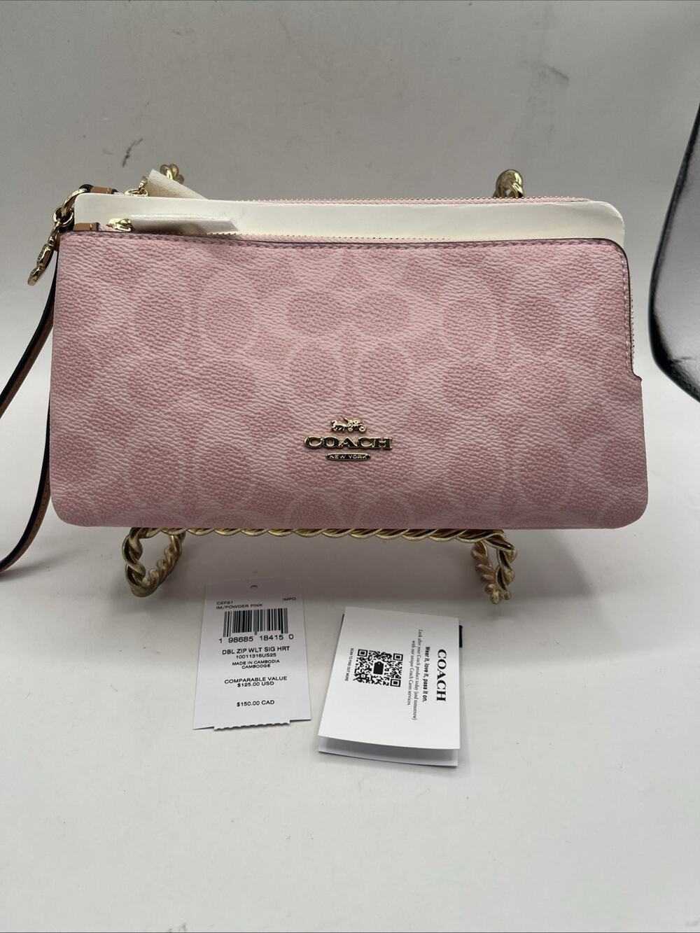 NWT Coach CEF61 Double Zip Wristlet In Signature Canvas Flower Charm Powder Pink